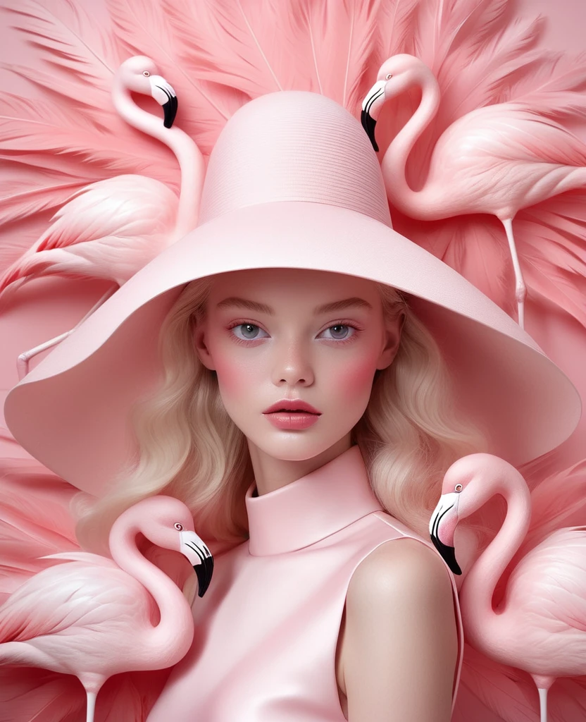 A blonde girl wearing a white hat made of flamingo feathers,The background is pink,With pink hue, Hugh Kretschmer (hugh kretschmer) and Nicoletta Sekoli (Nicoletta Ceccoli) Detailed illustrations of the style,Features magical realism style and soft pink color, Pale pink color scheme,Symmetrical composition and minimalist design,Similar to fashion magazine covers or editorial photography.