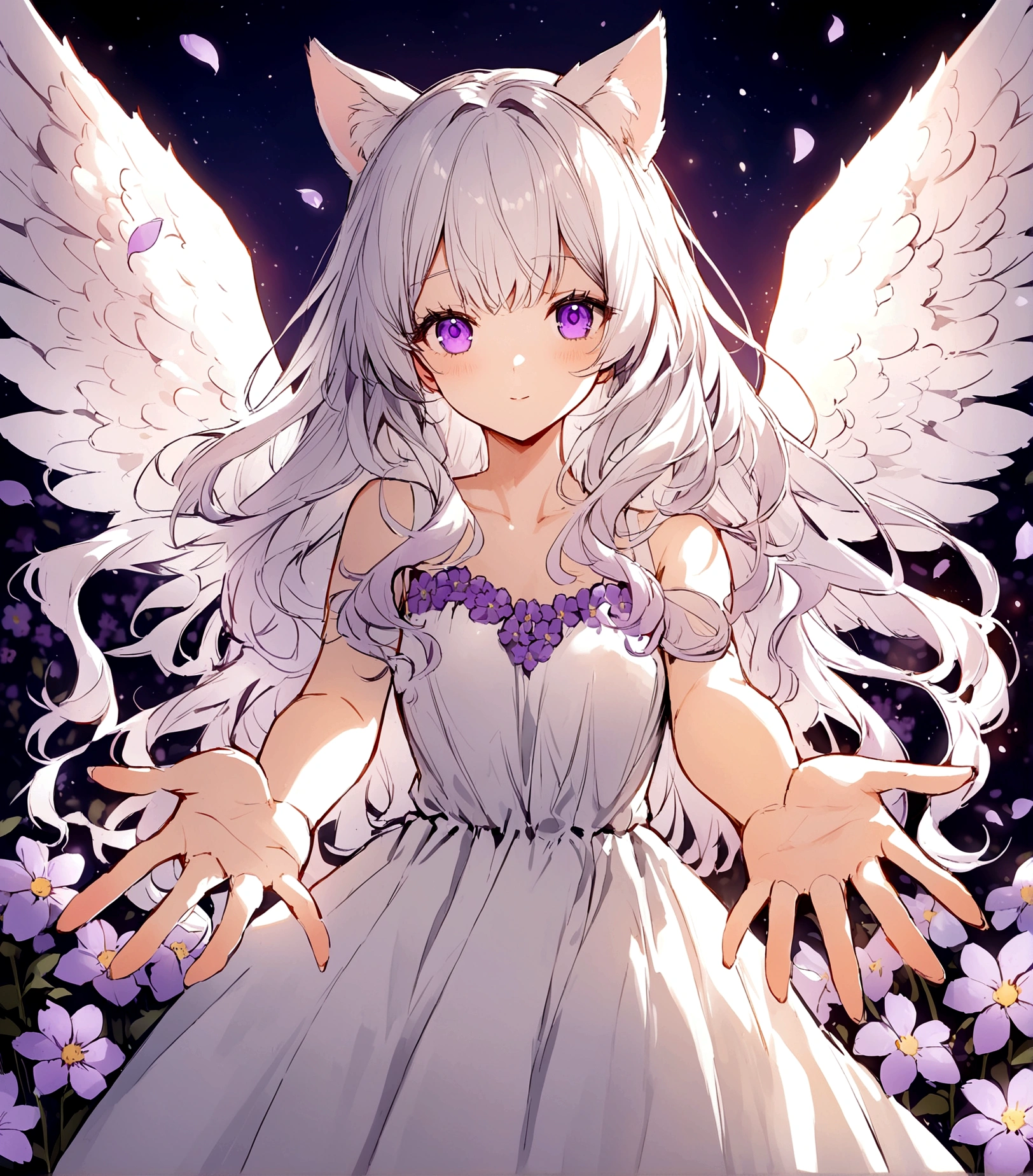 Wink,Long Wavy Hair,White hair is very attractive, Detailed and precise manual work, Attractive girl, White cat ears,Purple eyes and white eyelashes,light in your eyes,Big angel wings,Reaching out,Five fingers,Great light,A subject that stands out in a flower field, Petals flutter,A delicate white dress with purple floral print, Hand-drawn illustration,Broad background,