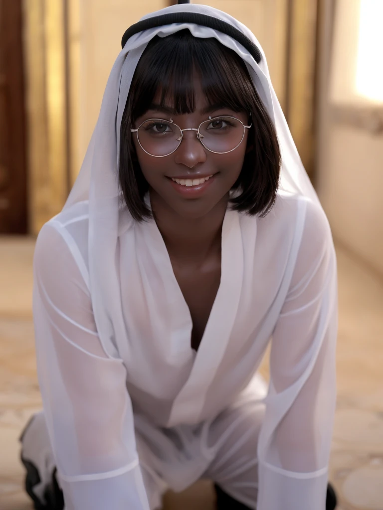 (1 boy20 years old solo:1.4),(flat chest),(dark skin:1.7), (masterpiece:1.2), highest quality, High resolution, unity 8k wallpaper, (fine and beautiful eyes:1.6), highly detailed face, perfect lighting, Detailed CG, (perfect hands, perfect anatomy), detailed eyes, best quality, extremely detailed, very precise detailed,(glasses:1.4), (blunt bangs:1.3),(arabian clothes:1.5), (very short pixie cut:1.2), (evil smile),(blush),(kneeling:1.3),midrrif