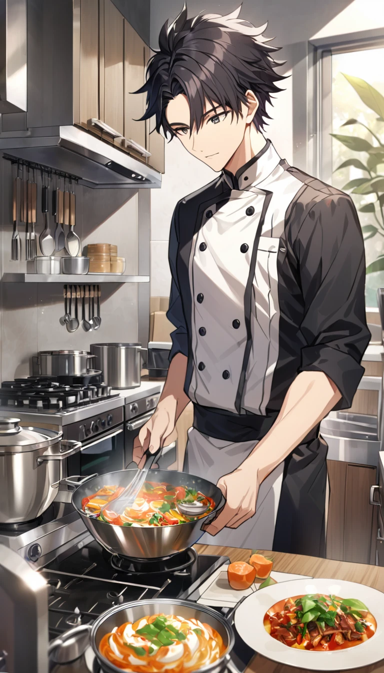 "A handsome young man with black hair, dressed in a professional chef's outfit, is standing in a modern kitchen. He is focused and skillfully preparing a delicious dish, with various cooking utensils and ingredients around him. The background features stainless steel appliances and a well-organized kitchen setup, emphasizing his dedication and expertise in the culinary arts."