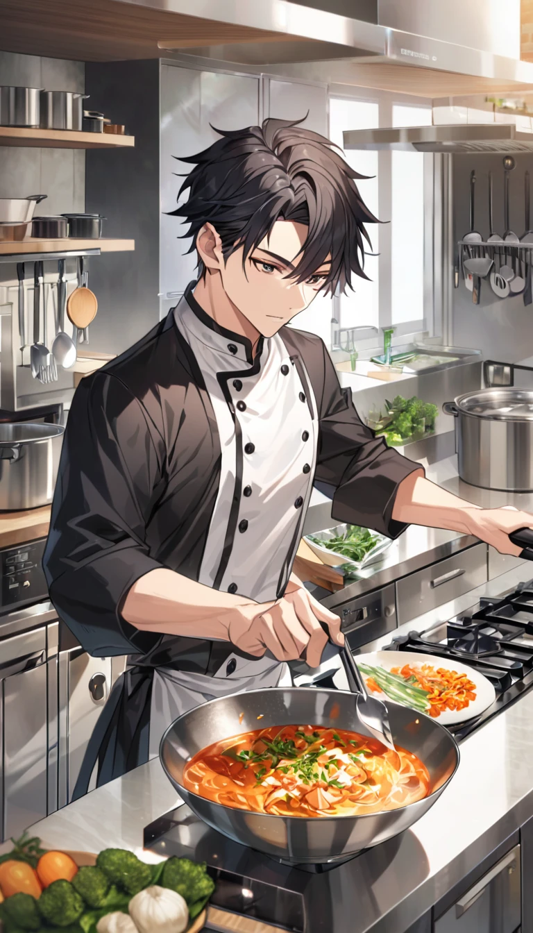 "A handsome young man with black hair, dressed in a professional chef's outfit, is standing in a modern kitchen. He is focused and skillfully preparing a delicious dish, with various cooking utensils and ingredients around him. The background features stainless steel appliances and a well-organized kitchen setup, emphasizing his dedication and expertise in the culinary arts."