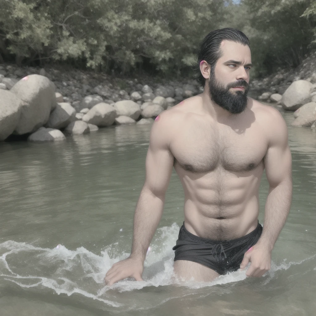 ultrahigh resolution, La mejor calidad, Cinematographer, 4k, (fotorrealista: 1.4), cinematic lighting, a beautiful 38 year old man bathing in a river, barba, brown eyes