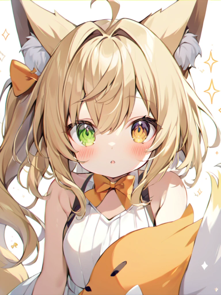 Nice girl,1girl, animal ear fluff, animal ears, bangs, bare shoulders, blonde hair, blush, bow, breasts, clothing cutout, dress, fox ears, fox girl, fox tail, green eyes, hair between eyes, hair bow, hair intakes, heterochromia, long hair, looking at viewer, navel, orange bow, parted lips, shirt, side ponytail, skirt, sleeveless, small breasts, solo, sparkle, stuffed animal, stuffed toy, tail, upper body, white background, white shirt, yellow eyes