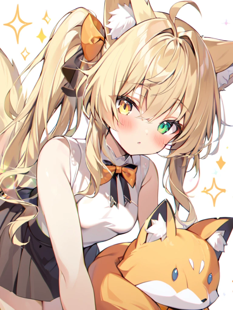 Nice girl,1girl, animal ear fluff, animal ears, bangs, bare shoulders, blonde hair, blush, bow, breasts, clothing cutout, dress, fox ears, fox girl, fox tail, green eyes, hair between eyes, hair bow, hair intakes, heterochromia, long hair, looking at viewer, navel, orange bow, parted lips, shirt, side ponytail, skirt, sleeveless, small breasts, solo, sparkle, stuffed animal, stuffed toy, tail, upper body, white background, white shirt, yellow eyes