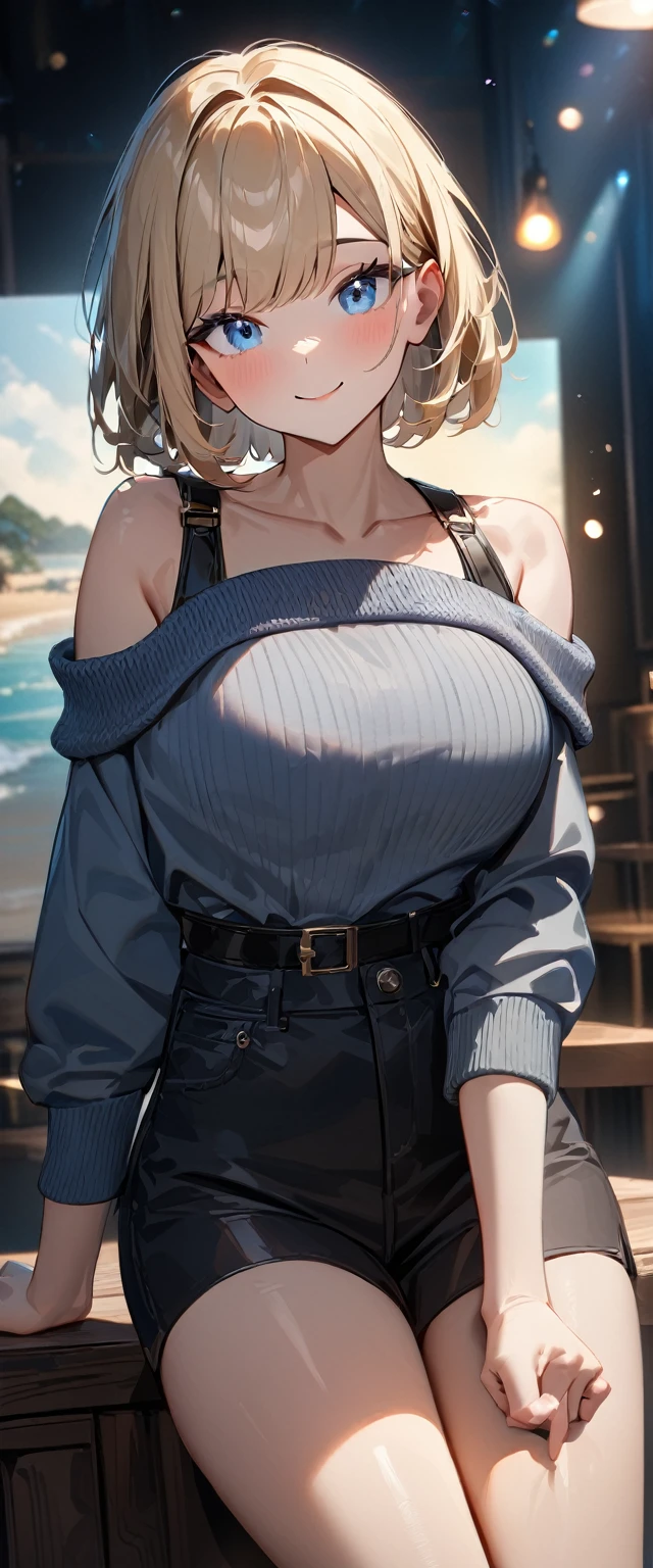 (((One girl))), ((beach)), noon, blond hair, bob cut, breasts, from front, (cowboy shot), standard body, (looking at viewer), ((off-shoulder {black} knit sweater, Quite thick shoulder straps)), juliet_sleeves, teenager, head tilt:1.3, (((blue eye))), ((happy smile)), anime style, (best quality, 4k, 8k, highres, masterpiece:1.2, ultra-detailed, ultra-detailed eyes, HDR, UHD, studio lighting, ultra-fine painting, sharp focus, physically-based rendering, extreme detail description, professional, vivid colors, bokeh), ((Highest quality, Best image quality, Ultra-high resolution, Ultra-high resolution, solo, Strong eye highlights)), Depth of written boundary, Natural soft light, attractive, Beautiful Face, Cleanliness, Pure Face, nedium chest, Beautiful Face, Perfect Fingers, Perfect hands, Perfect body, Perfect Face, Shine a light into your eyes, Perfect Anatomy