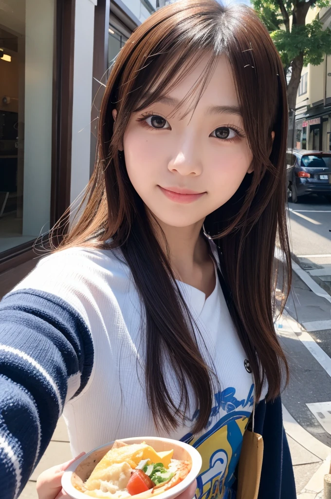 8K, details, Vertical portrait of a charming young Japanese lady , selfie style, high-definition, natural light, as if taken with a Canon camera,having lunch