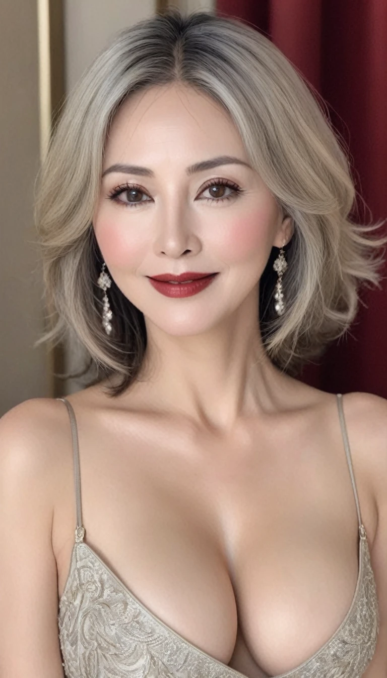 (((surreal woman)))、((very beautiful 50 year old white woman))、(((Big big cleavage)))、blonde mature、plump body shape、smile、middle-aged beauty 、Very delicate and delicate skin text、{(ancient ornate and luxurious temple)、(many torches are burning)}、red lips、fine scarlet eyes、nude body、I have a shining platinum wand、

