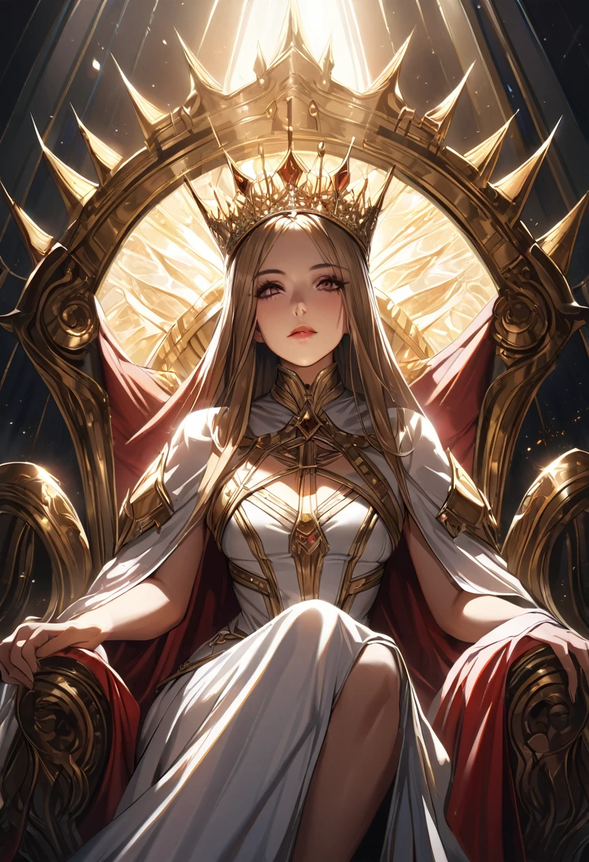 A Queen sitting on the throne, European, detailed face, dramatic lighting, cinematic angle, photorealistic, 8k, high resolution, hyper detailed, masterpiece,refiner: woman face,light beams