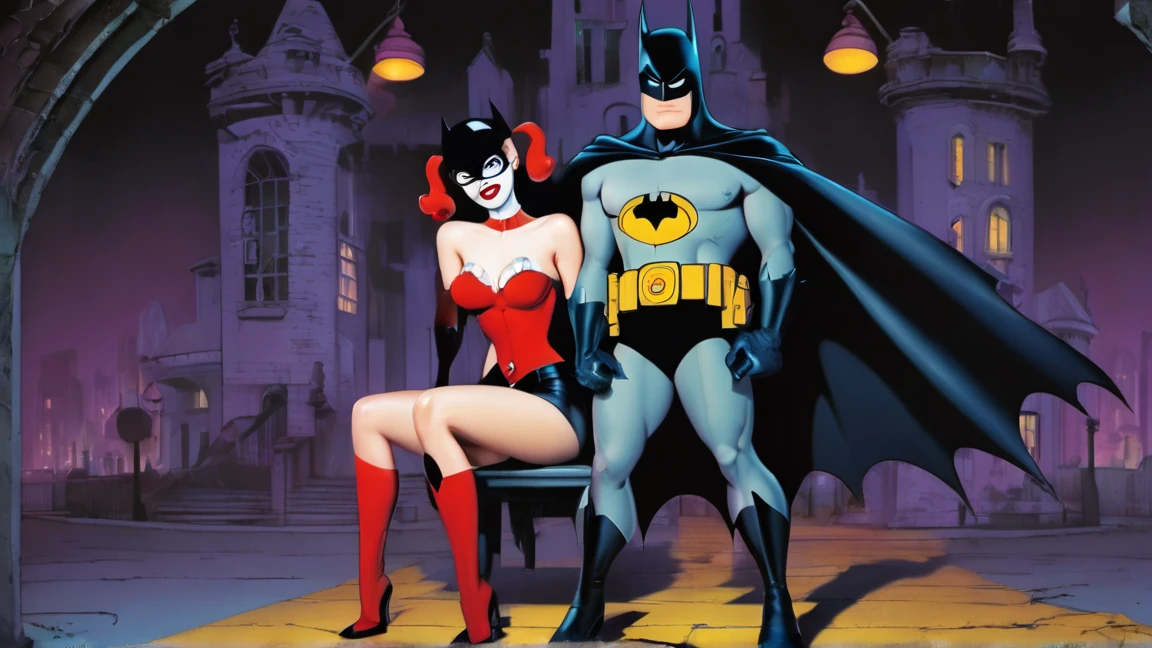 (2D cartoon style:1.4), (in the dark gothic style of the 1992 animated television series by Bruce Timm. "Batman the animated series":1.4), (suck member:1.4) Harley Quinn suck member in the Abandoned Amusement Park UHD 8k focus stacking