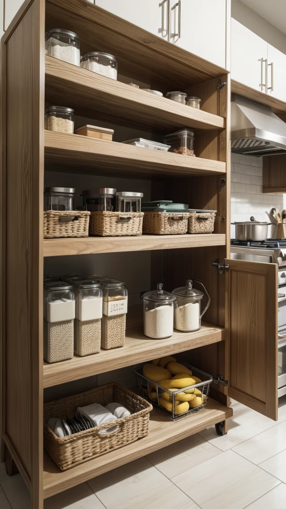 A modern and organized kitchen with shelves full of neatly arranged utensils and a multifunctional organizer on the countertop.