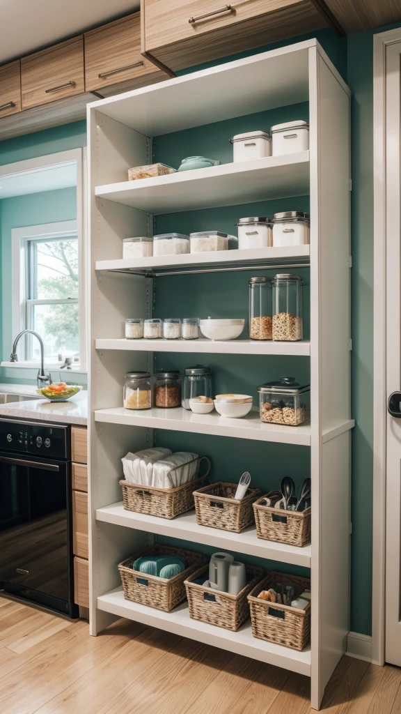 A modern and organized kitchen with shelves full of neatly arranged utensils and a multifunctional organizer on the countertop.