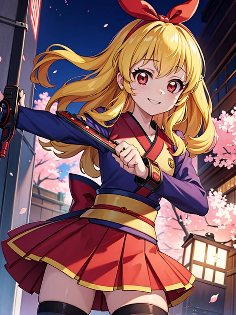 absurdres, absolutely resolution, incredibly absurdres, highres, ultra detailed, official art, unity 8k wallpaper,
BREAK
1 girl, soro, long hair, blonde hair, bow, kimono blazer, kimono skirt, over black legwear,, doyagao, smile, red eyes, kimono, cherry blossom print,
BREAK
holding weapon, holding katana, (katana:1.2), fighting stance, cowboy shot,
BREAK
(cyberpunk:1.1), cyber city, neon city, cyber street, japanese night, cherry blossoms, sakura fubuki, Ichigo Hoshimiya (Aikatsu!)