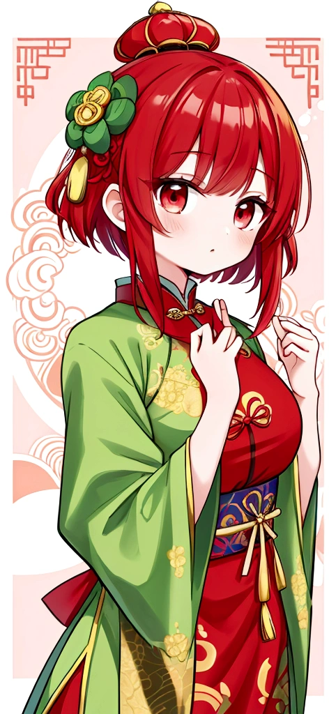 She has a melon hair ornament on her head.、Show your whole body and shine,wallpaper,Red hair short cut、Chinese clothing、Luxury Palace、One girl
