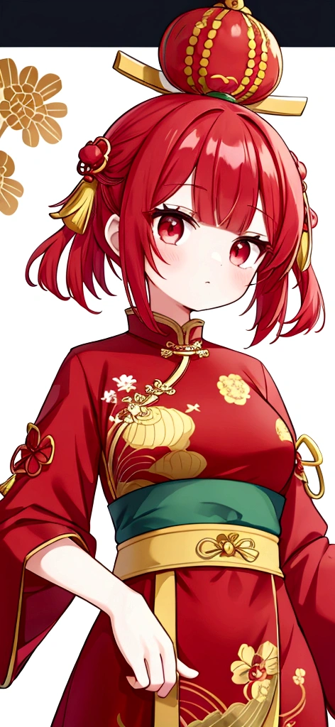 She has a melon hair ornament on her head.、Show your whole body and shine,wallpaper,Red hair short cut、Chinese clothing、Luxury Palace、One girl