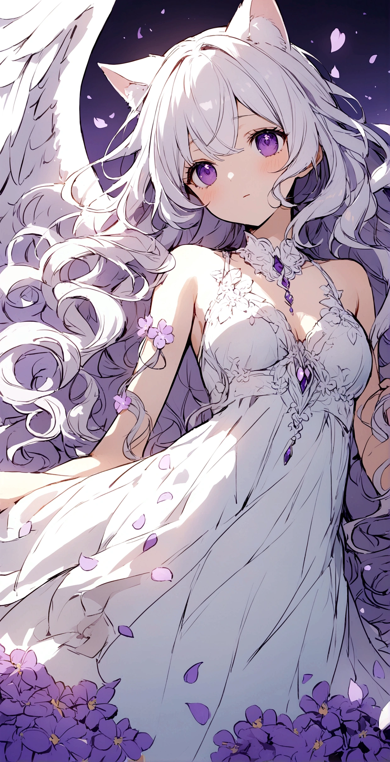 Wink,Long Wavy Hair,White hair is very attractive, Detailed and precise manual work, Attractive girl, White cat ears,Purple eyes and white eyelashes,light in your eyes,Big angel wings,Look Up,Flowers cling to the body,Great light,A subject that stands out in a flower field, Petals flutter,A delicate white dress with purple floral print, Hand-drawn illustration,Broad background,