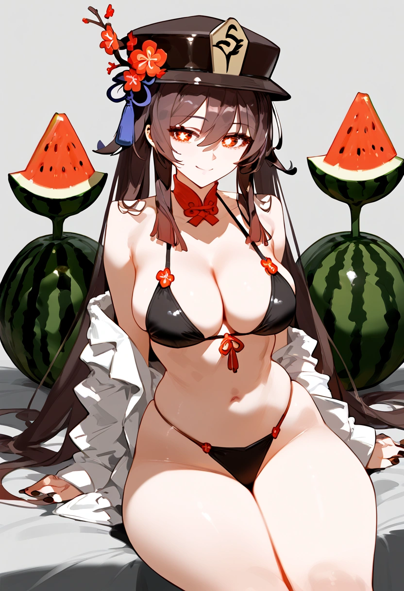 anime artwork, score_9, score_8_up, score_7_up, score_6_up, score_5_up, score_4_up, hu tao, she is 24 years old, style_3, gray background, , , , , _, smile, sit, watermelon_between_thighs, solo, bikini, fruits
