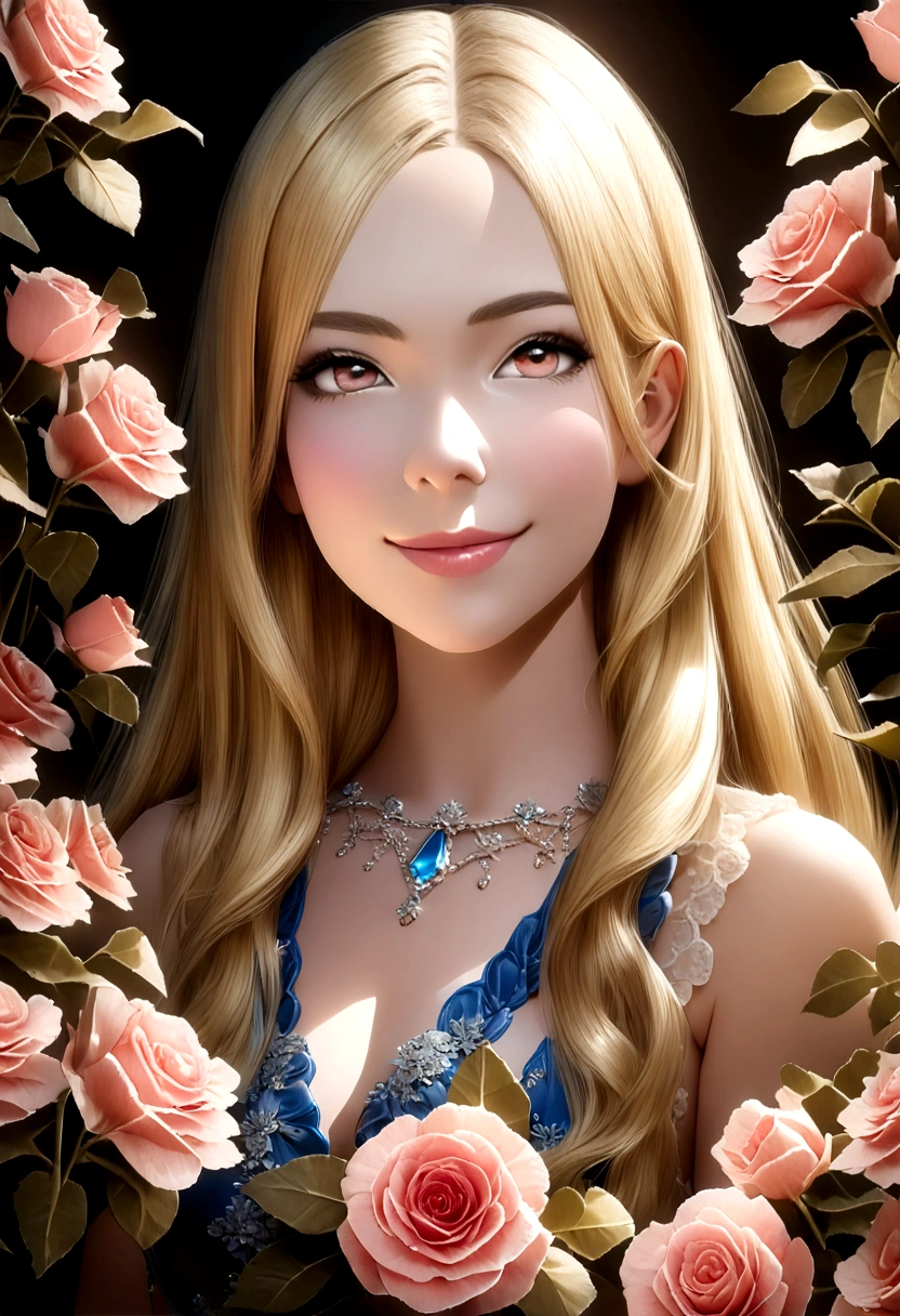 best quality, head of'artwork, Ultra haute résolution (photorealistic: 1.4), blonde yeux bleus long hair champ de fleurs roses en fleurs, glistening skin, slight smile