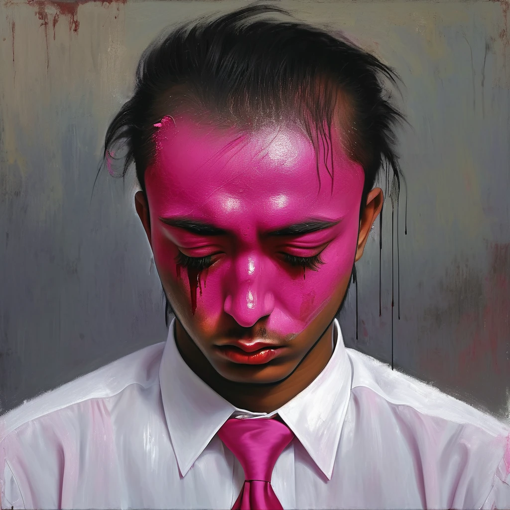 arafed man with a white shirt and tie with a pink paint on his face, a digital painting inspired by Abdur Rahman Chughtai, tumblr, hyperrealism, khyzyl saleem, digital oil on canvas, covered in oil painting, portrait of a crying ai artist, with a bruised face and bruises, digital painting”, digital paiting