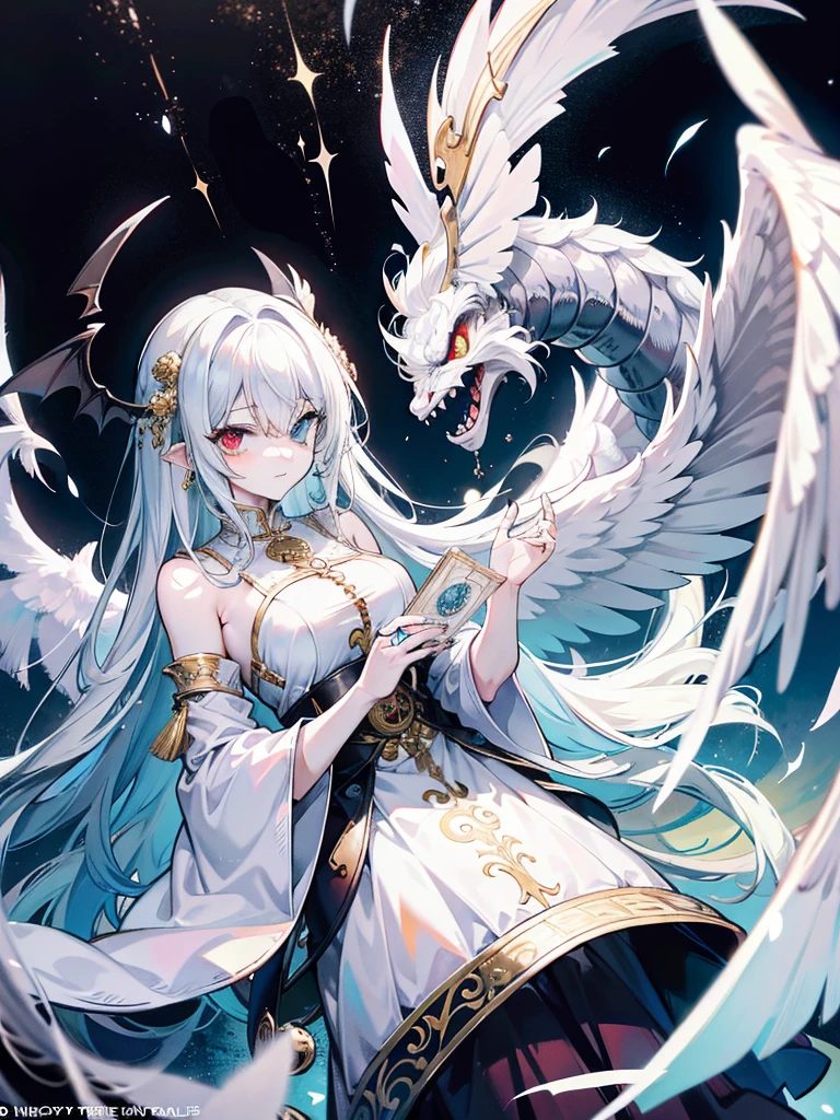 Monster angels that look sacred，His eyes are waiting for heterochromia，His whole body consists of a huge one-eyed eye，and a metal ring around one eye，The ring is crawling with the eyeball，The dragon has many wings on the white holy angel
