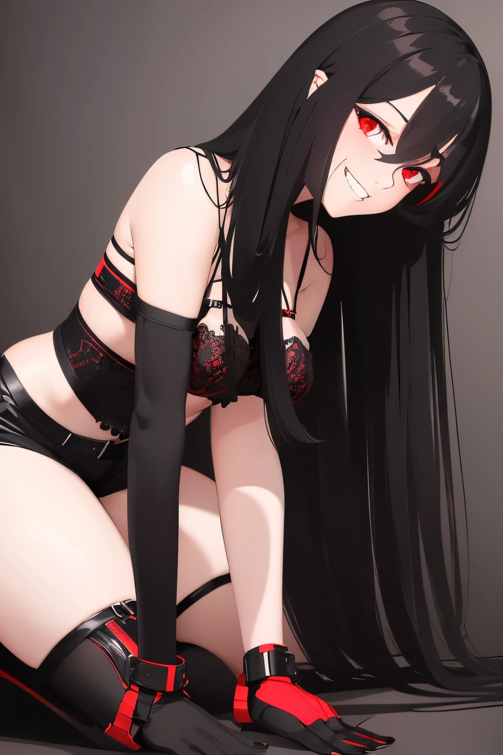 ((black long haired woman)) ((Under the eyes become black)) ((red eyes)) ((Black hot pants)) ((black off shoulder)) ((Black Shoes)) ((evil smile)) ((Bra straps visible)) ((cool beauty)) ((Hair is red inside)) ((Wearing gloves black)) ((The right arm is a mechanical arm)) ((I&#39;m up)) (Has bangs) (Stockings on one leg only) ((gatherbelt)) ((cool beauty)) ((hair dual color red))