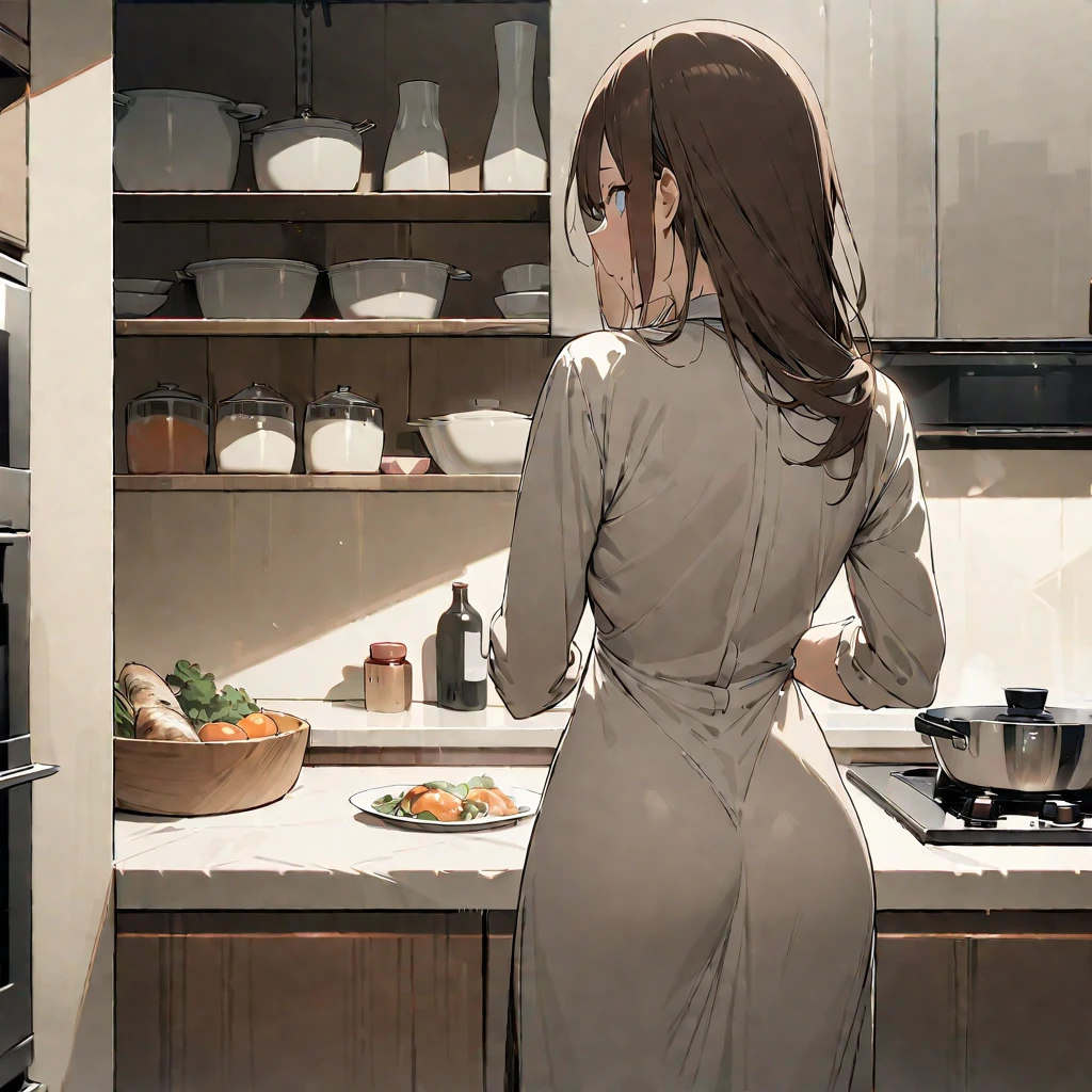 sole girl, MILF, housewife cooking in the kitchen, hidden face, standing, exposed clothes, turn her back on camera, detailed background, detailed arms, very long brown hair, high resolution, (symmetrical clear eyes:1.2), sense of depth, 16k, best quality, masterpiece, detailed illustration