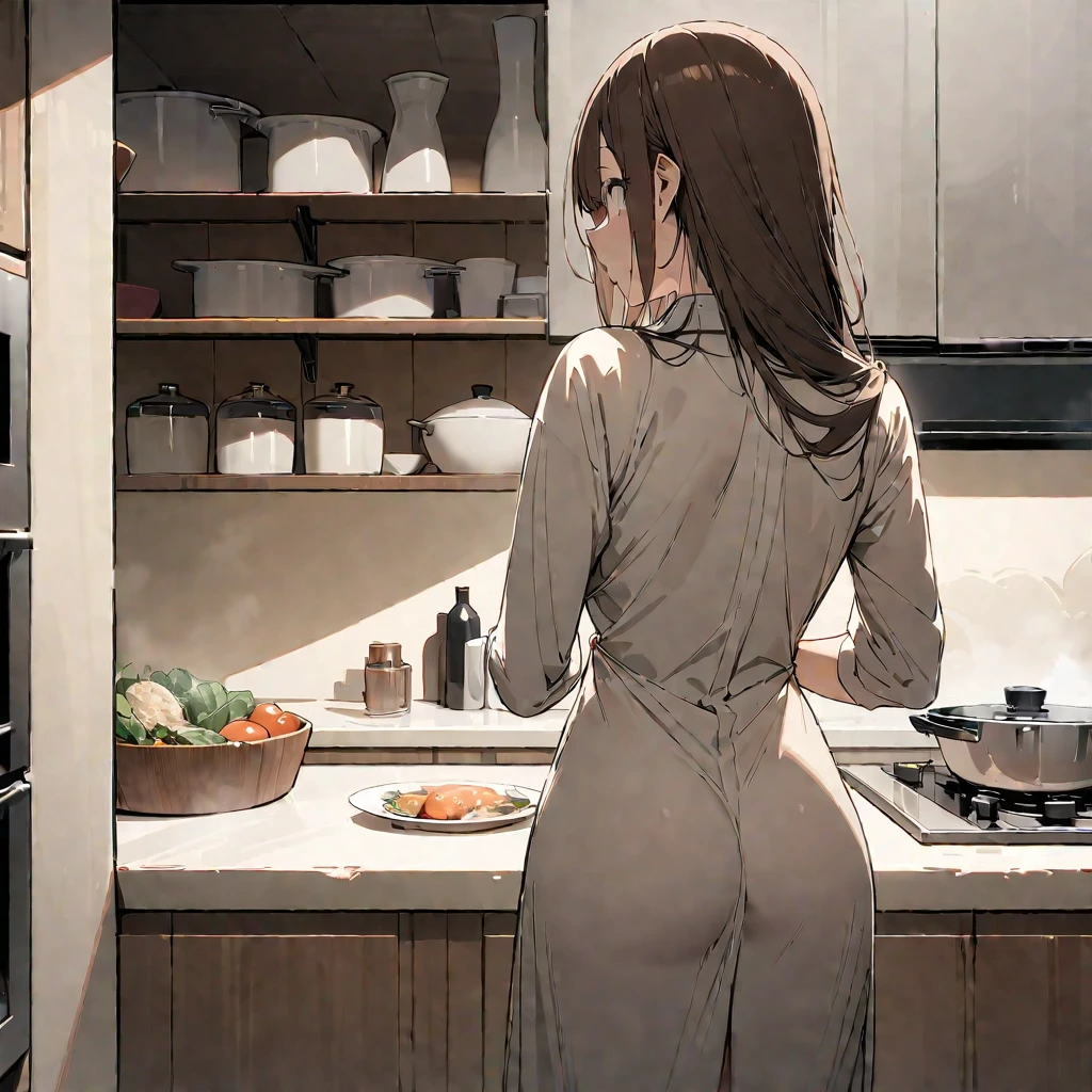 sole girl, MILF, housewife cooking in the kitchen, hidden face, standing, exposed clothes, turn her back on camera, detailed background, detailed arms, very long brown hair, high resolution, (symmetrical clear eyes:1.2), sense of depth, 16k, best quality, masterpiece, detailed illustration