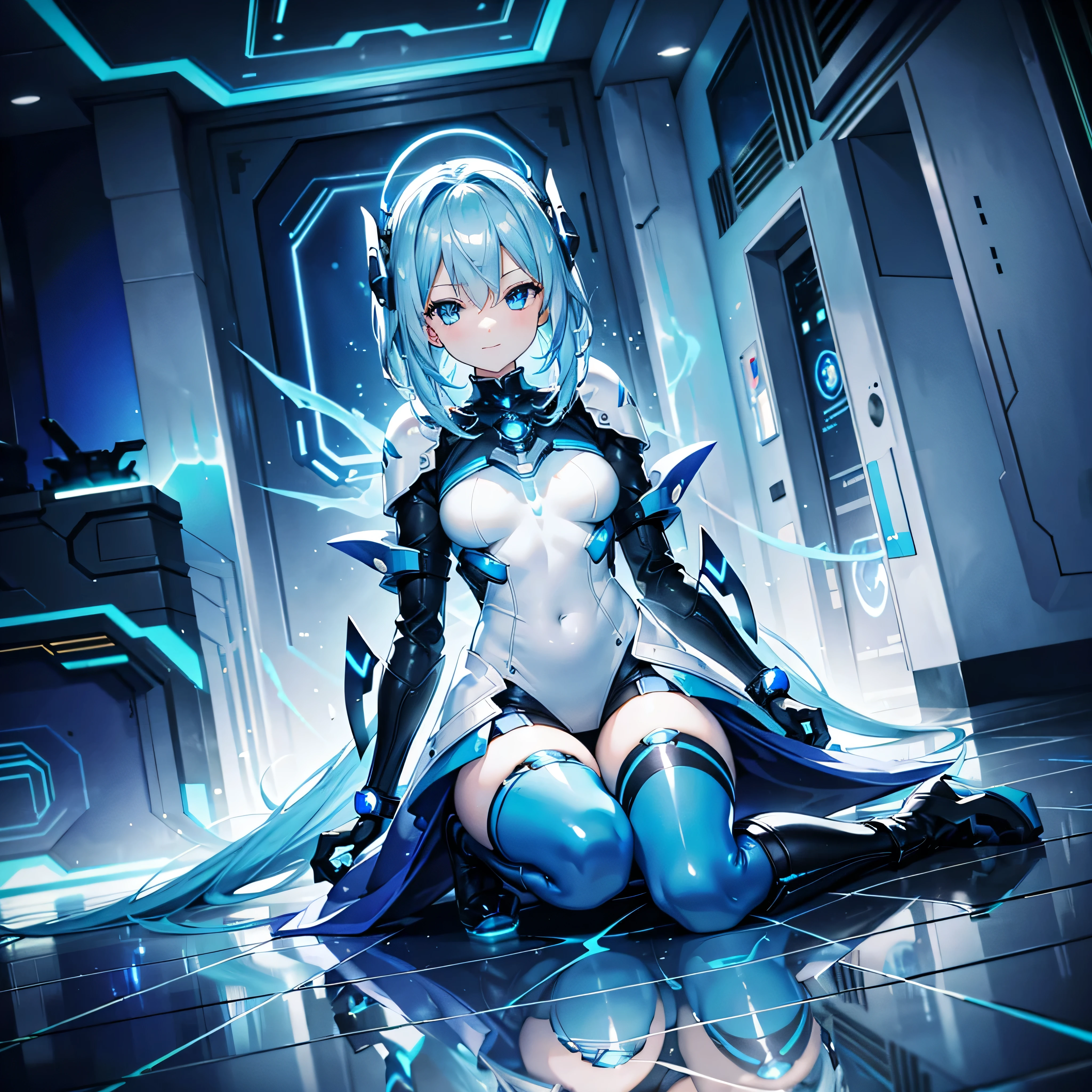 8K, Highest quality, (real:1.4), Original photo, 1 girl, Asari Hair, Biological Amplifier, Very sleek and futuristic armor, posture: Peace talks between warring factions,,attention arousal, smart blue eyes,A modest smile,Knee-high boots,Patent-look blue tights,Blue big moon and blue light swirl in the background,Blue light from behind,blue light magic,A small, glowing blue ball in the palm of your hand,Blue flame swirl,Blue Comet,Polished floor,