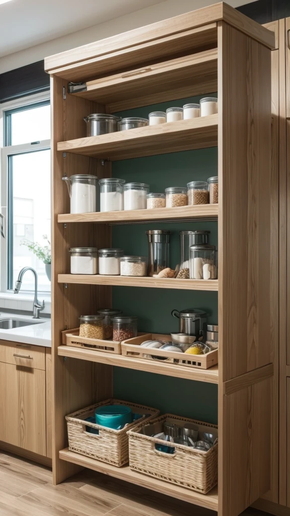 A modern and organized kitchen with shelves full of neatly arranged utensils and a multifunctional organizer on the countertop.