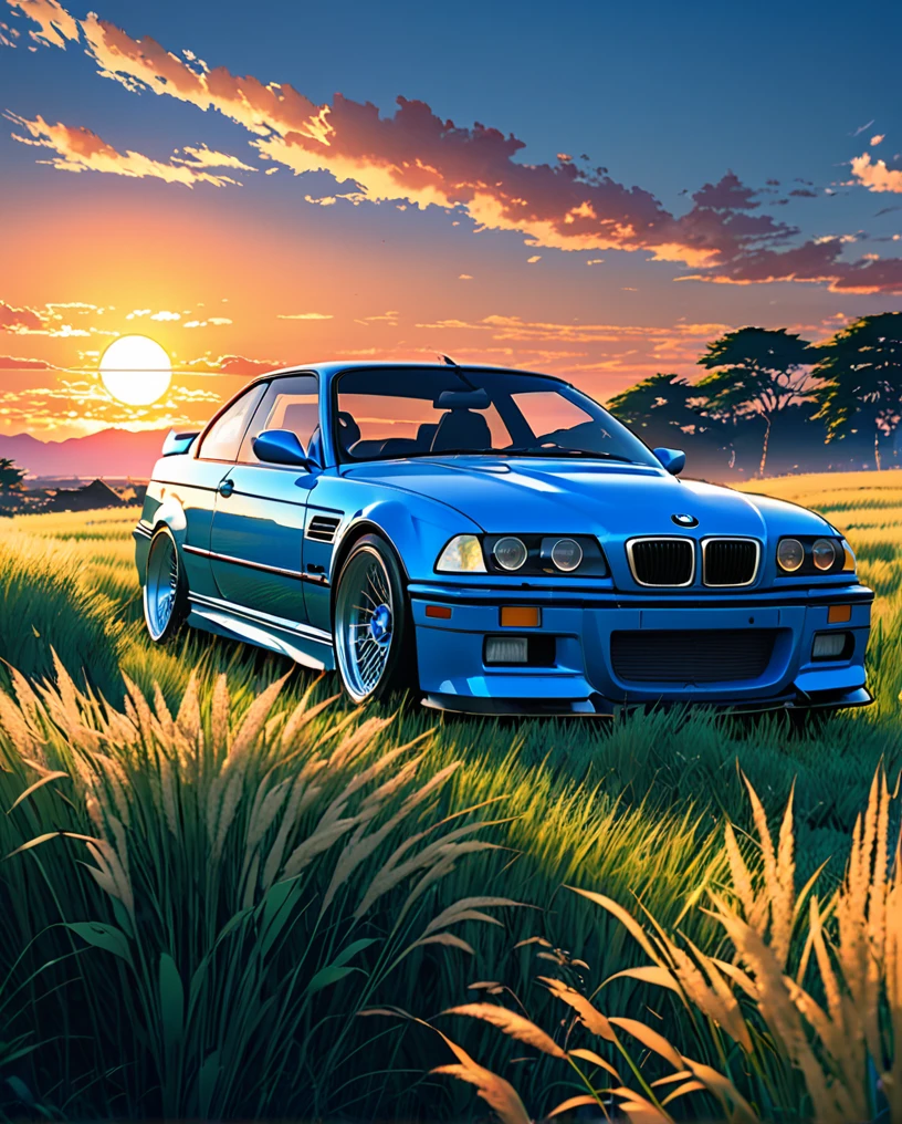 A classic BMW M3 E36 sports car in ABS blue、Anime scenery of a girl sitting in tall grass with a sunset in the background.Beautiful anime scene, Beautiful anime peace scenes, Makoto Shinkai Cyril Rolland, Beautiful anime scene, Awesome Wallpapers, Anime Art Wallpapers 8K, Anime Background, artistic Anime Background, anime wallpaper 4k, Anime Art 4K Wallpaper, Anime Wallpaper Art 4k,
