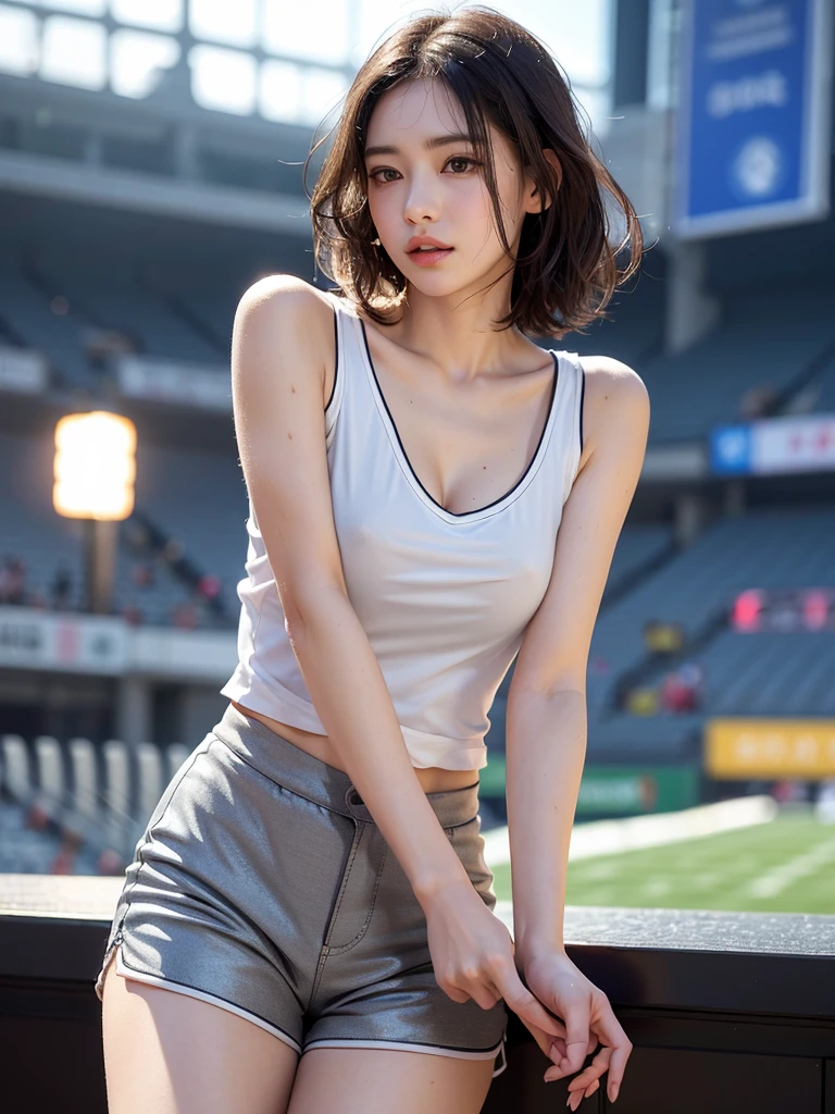 Mix 4, (8k, Live Shooting, Highest quality, masterpiece: 1.2), (Real, Photorealistic: 1.37), 一人のgirl, cute, night, rain, Wetty, Professional Lighting, Photon Mapping, Radio City, Physically Based Rendering, Gradient black hair, Gray Hair, Short Curly Hair, good looking, girl, Highest quality写真, High resolution, 1080P, (Clear Face), (Detailed face description), (Detailed hand description), (masterpiece), (Exquisite CG)、Extreme light and shadow、Disheveled Hair、Masterwork、Rich details、(Fine facial features)、(Highest qualityの写真)、(Masterpiece)、(Detailed eyes)、Look in front of you、Detailed clavicle、((Mid-breasted))、Nipple erection、Sexy、Lady、Clear、Smooth Hair、Clothes are not shiny、Sportswear、Clothing worn during athletics、Sweaty、Athletics Stadium、Shorts