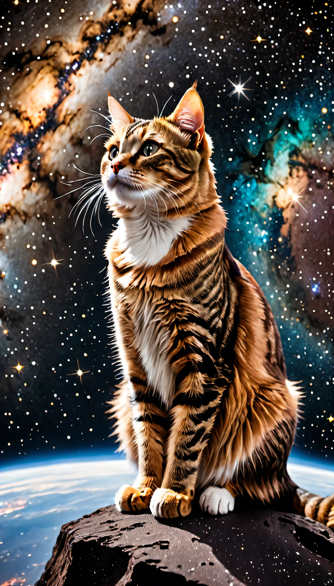 A cat perched atop Earth in outer space, gazing into the stars and galaxies around it.