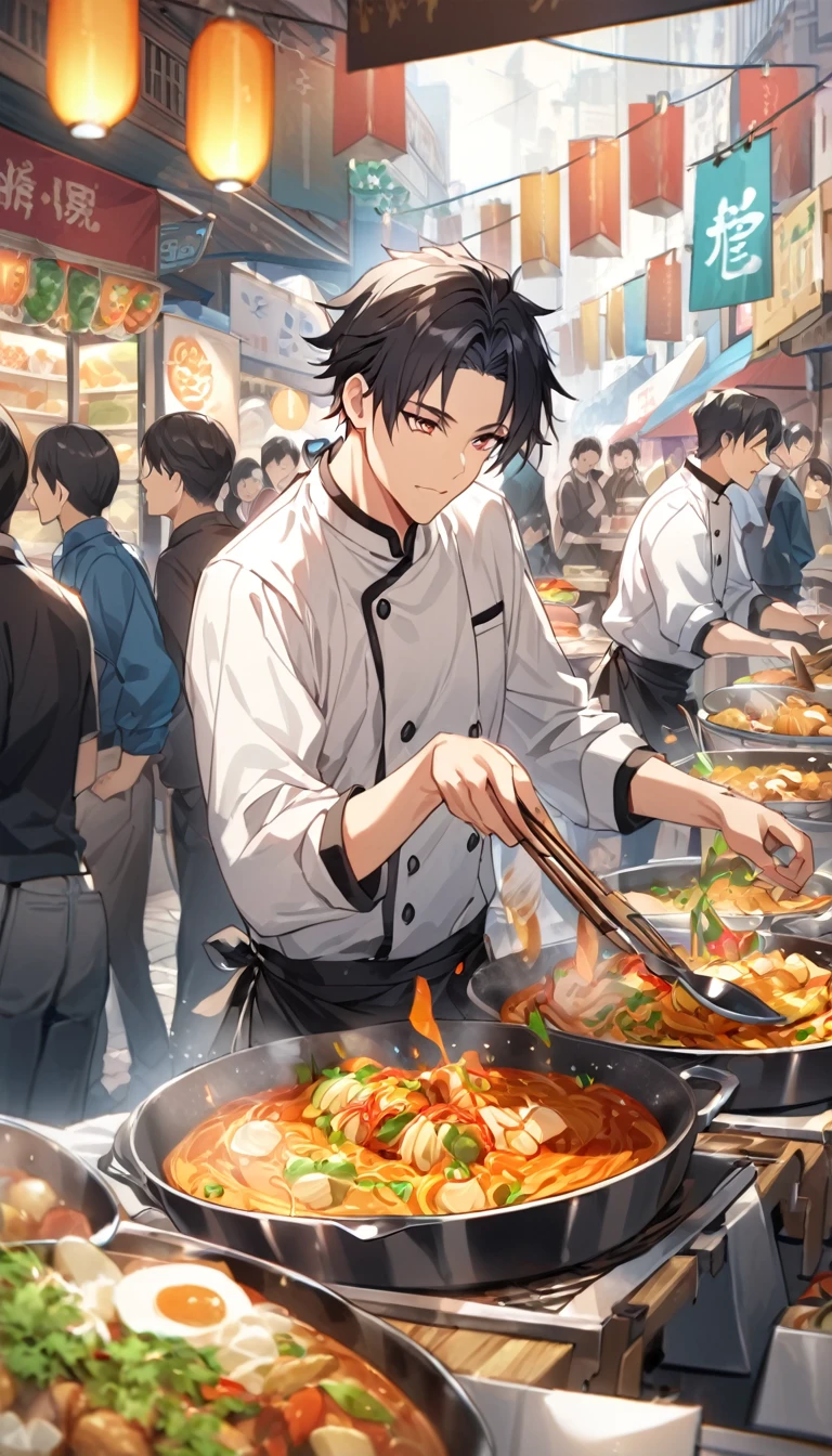 "A handsome young man with black hair, dressed in a professional chef's outfit, is standing at a bustling street food stall. He is focused and skillfully preparing a delicious dish, with various cooking utensils and ingredients around him. The background features a vibrant market scene with other food stalls, colorful signs, and a crowd of people eagerly waiting for their food, emphasizing his dedication and expertise in the culinary arts."