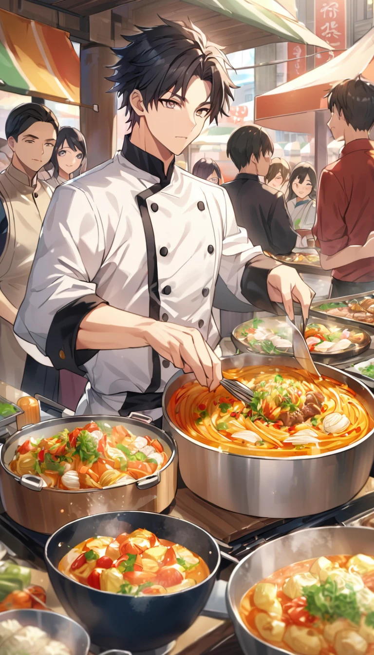 "A handsome young man with black hair, dressed in a professional chef's outfit, is standing at a bustling street food stall. He is focused and skillfully preparing a delicious dish, with various cooking utensils and ingredients around him. The background features a vibrant market scene with other food stalls, colorful signs, and a crowd of people eagerly waiting for their food, emphasizing his dedication and expertise in the culinary arts."
