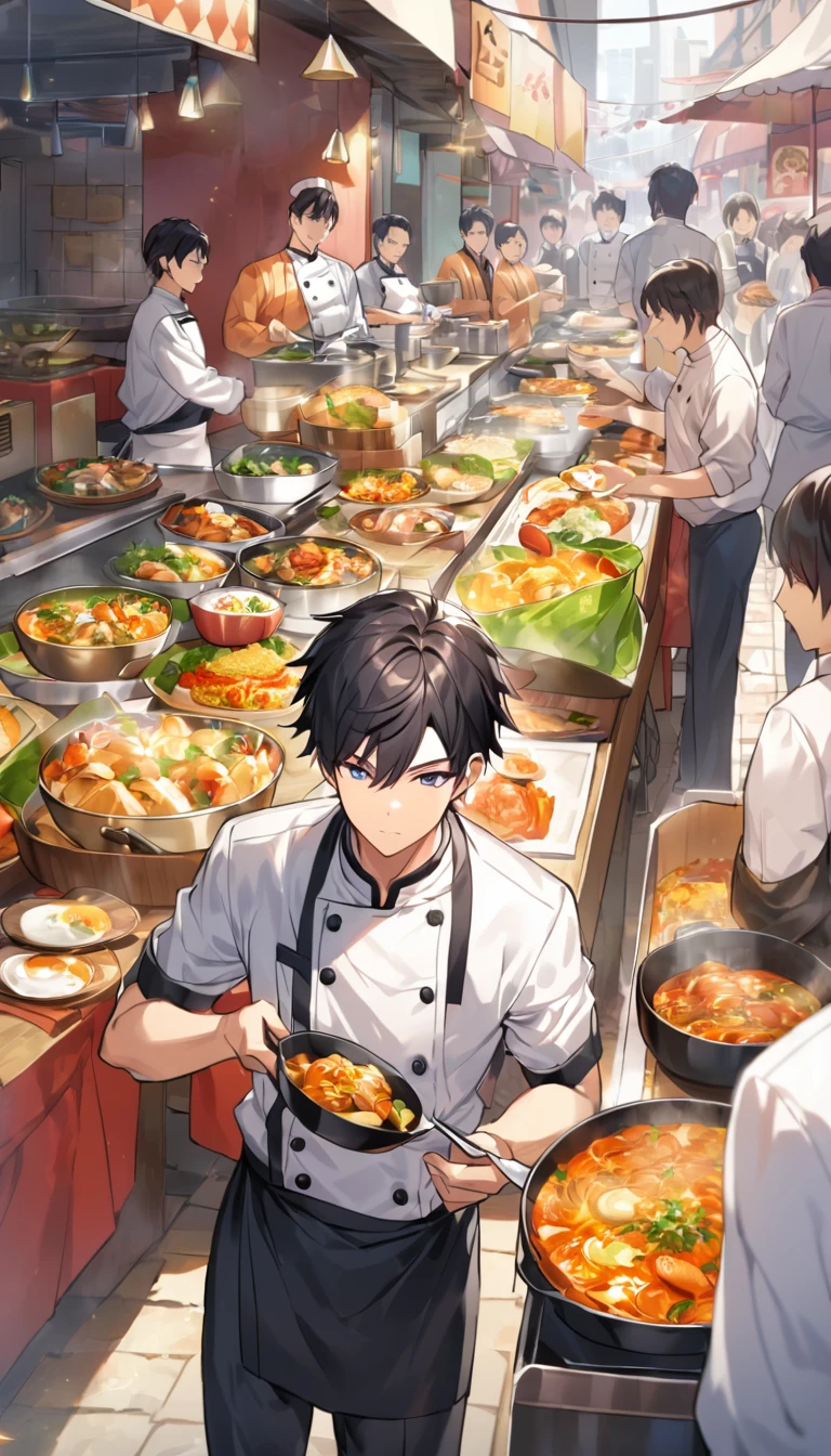 "A handsome young man with black hair, dressed in a professional chef's outfit, is standing at a bustling street food stall. He is focused and skillfully preparing a delicious dish, with various cooking utensils and ingredients around him. The background features a vibrant market scene with other food stalls, colorful signs, and a crowd of people eagerly waiting for their food, emphasizing his dedication and expertise in the culinary arts."