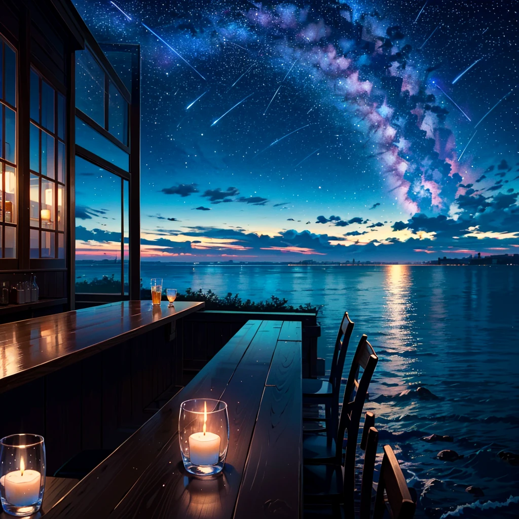 Bar in the sky, 1girl, solo, alone, sitting at bar counter, from side, drinking, (ocean:1.3), candles, starry sky, shooting stars, masterpiece, best quality, ultra detailed,bar
