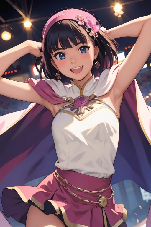 masterpiece, Highest quality, One adult woman,Very detailed,Rin々Nice face,Open Mouth Smile,White, pink, and purple adventurer uniform,Medieval Europe,Show your armpits,Black eyes,The dignity of a hero,tattoo,Cape,Legs visible through the skirt,Natural Beauty,Cinematic,Medium cleavage,