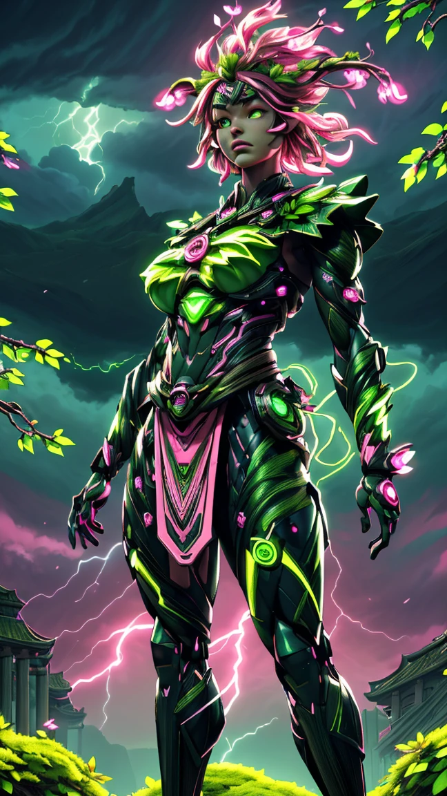 A woman in a green and pink outfit standing in front of a tree Plant Maiden,metal leaf,Wired branch,glowing light eyeechanical bark,bark covered with moss,tribe outfit,majestic figure,(ancient tribal markings),Control the tendrils extending from the arms,Neon lights dance on the body,(Lightning around branches and leaves),(peach blossom),The petals are soft and delicate,vibrant with colors,(A harmonious blend of green and pink),(Ominous dark clouds in the sky),Night atmosphere,A futuristic,Vibrant colors and high-contrast lighting,Dramatic shadows and highlights.(Best quality at best, 4K, 8K, tmasterpiece: 1.2), (actual, photograph realistic, photograph realistic: 1.37)