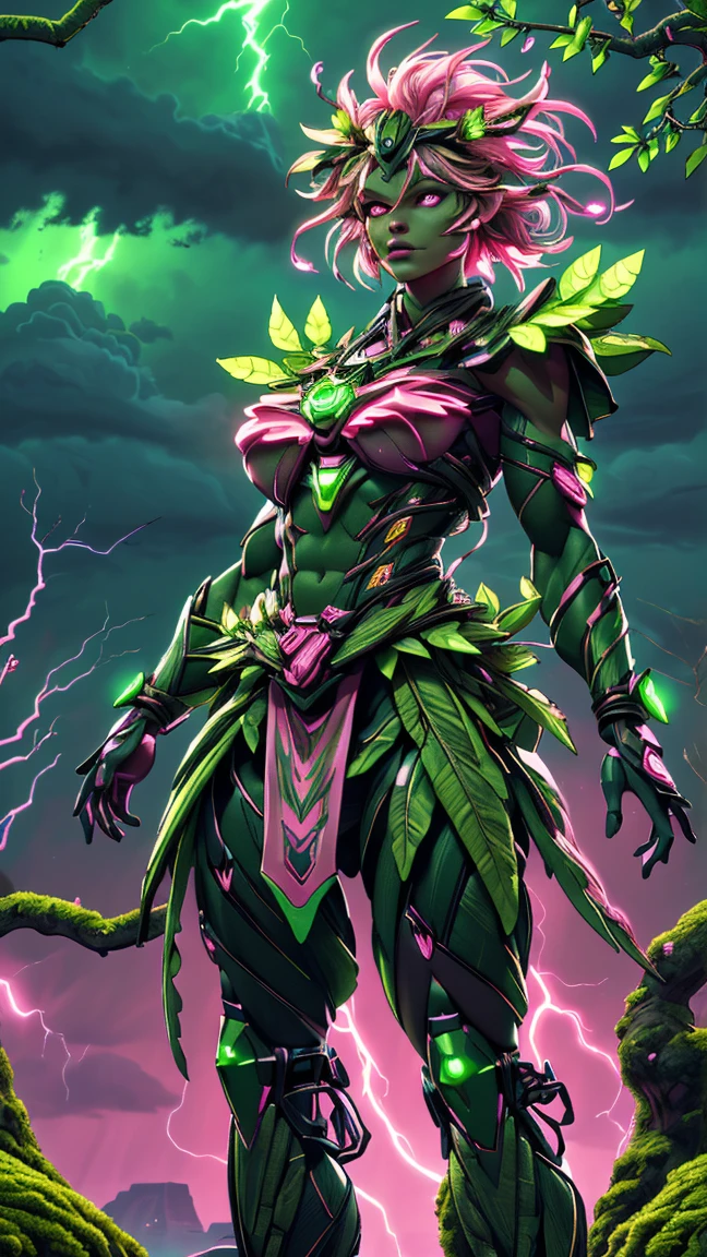 A woman in a green and pink outfit standing in front of a tree Plant Maiden，metal leaf，Wired branch，glowing light eyeechanical bark，bark covered with moss，tribe outfit，majestic figure，(ancient tribal markings)，Control the tendrils extending from the arms，Neon lights dance on the body，(Lightning around branches and leaves)，(peach blossom)，The petals are soft and delicate，vibrant with colors，(A harmonious blend of green and pink)，(Ominous dark clouds in the sky)，Night atmosphere，A futuristic，Vibrant colors and high-contrast lighting，Dramatic shadows and highlights.(Best quality at best, 4K, 8K, tmasterpiece: 1.2), (actual, photograph realistic, photograph realistic: 1.37)