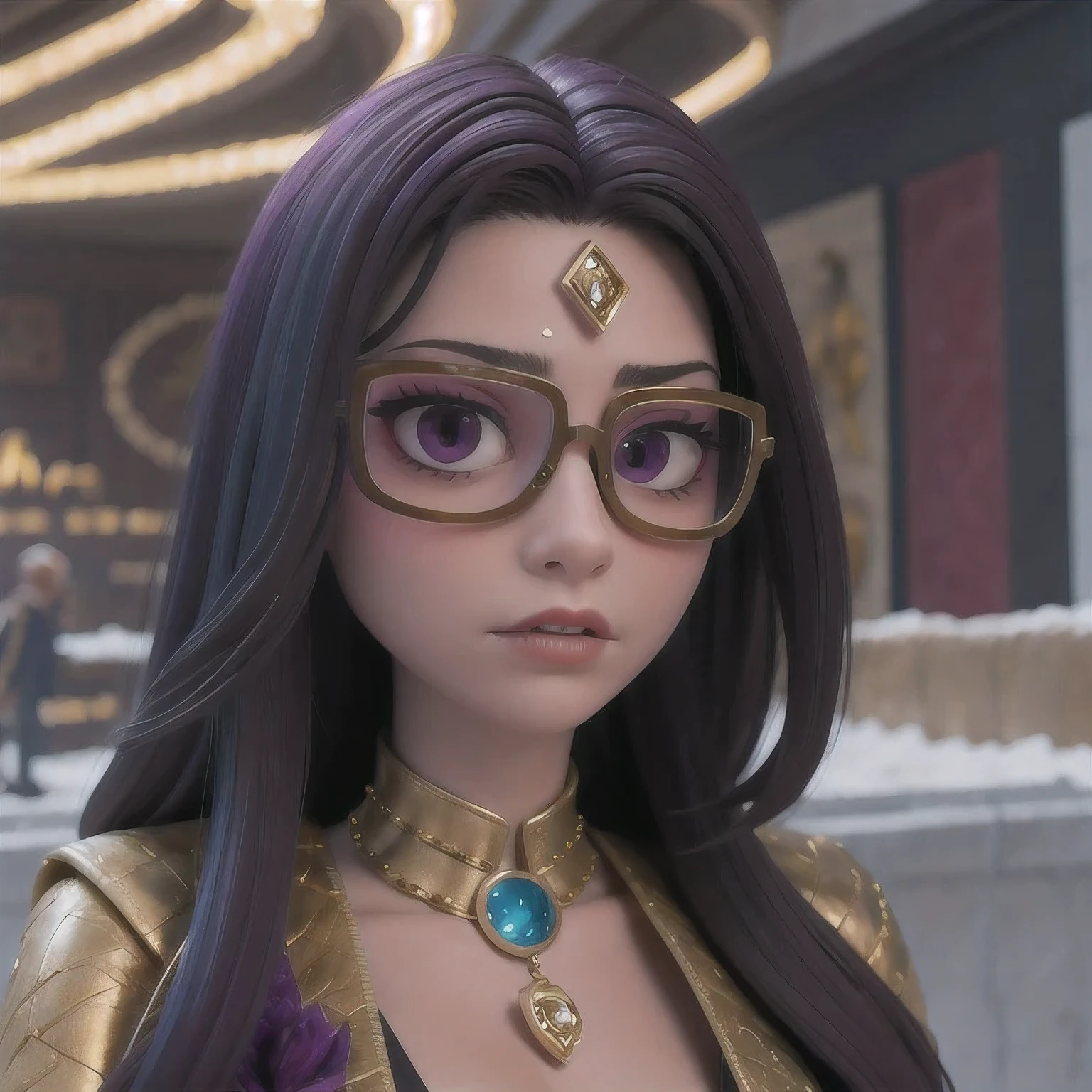 A woman in a gold outfit and glasses standing in front of a building ...