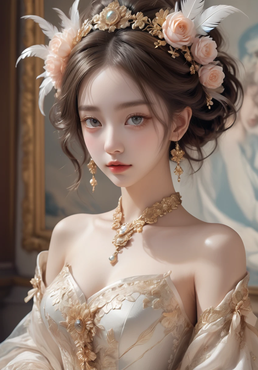 (photorealistic:1.5), (masterpiece, 8k raw photo, best quality:1.4),8k,Beautifully detailed delicate face, beautiful detailed delicate eyes, perfect facial proportions, high-detailed skin,Delicate girl,black eyes,flowers,glowing jewelry, ((whole body, including legs)),((Standing)),(open thighs),(open legs),rococo oil paintings,lace,bow,hem,hem,powder wig,gauze and satin,embroidery and beads,feathers and flowers,bright ribbons,fan,rococo oil paintings,shell patterns,design,asymmetric design,mirrors,mural and ceiling paintings,color,gold,gold,tender,gorgeous,high,incredibly absurd,wallpaper,add detail,clarity enhancement,detail reinforcement,