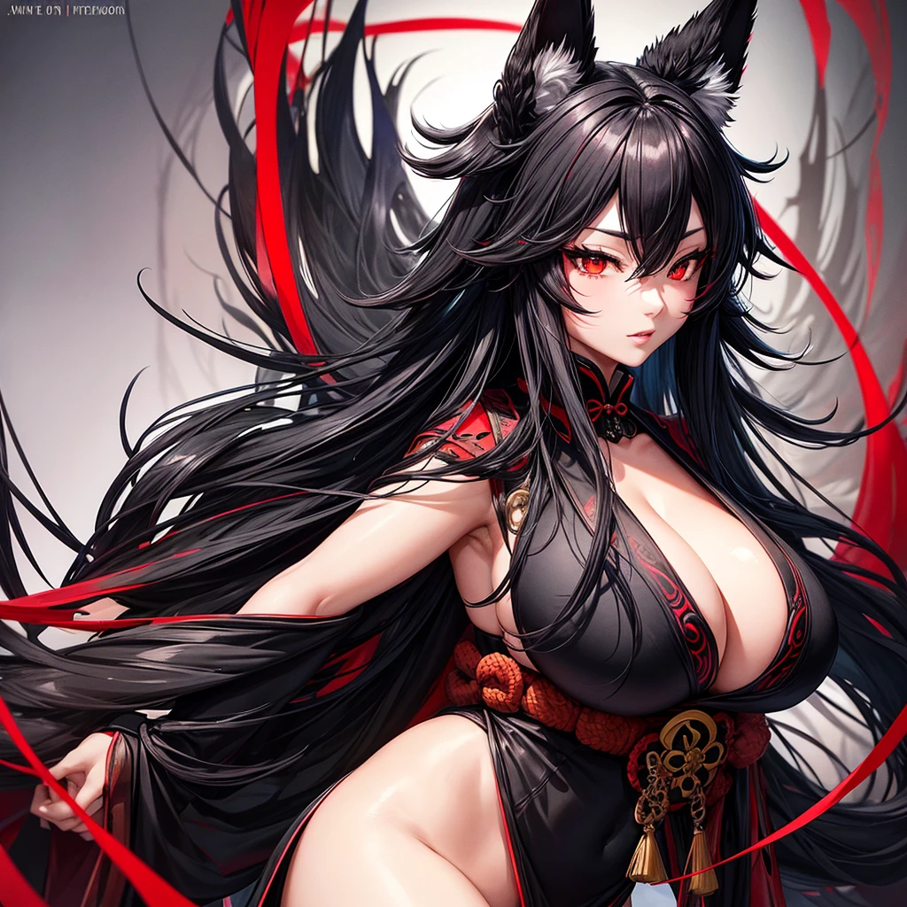 Beautiful black Kitsune, red eyes, highly detailed face, highly detailed eyes, big breasts, sexy figure, mature woman, several black kitsune tails, soft long Black Kitsune ears, Wearing Red And Black Shogun Armor, wide waist