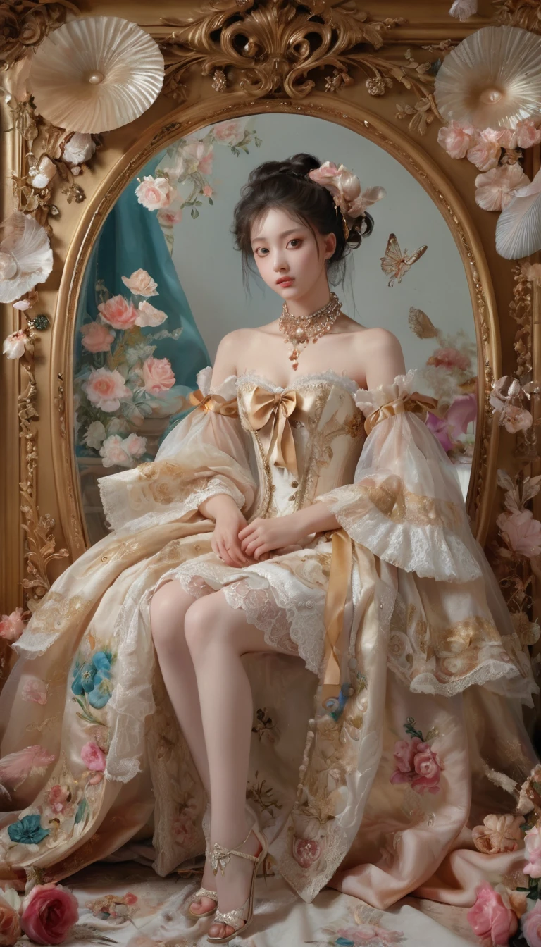 (photorealistic:1.5), (masterpiece, 8k raw photo, best quality:1.4),8k,Beautifully detailed delicate face, beautiful detailed delicate eyes, perfect facial proportions, high-detailed skin,Delicate girl,black eyes,flowers,glowing jewelry, ((whole body, including legs)),((Standing)),(open thighs),(open legs),rococo oil paintings,lace,bow,hem,hem,powder wig,gauze and satin,embroidery and beads,feathers and flowers,bright ribbons,fan,rococo oil paintings,shell patterns,design,asymmetric design,mirrors,mural and ceiling paintings,color,gold,gold,tender,gorgeous,high,incredibly absurd,wallpaper,add detail,clarity enhancement,detail reinforcement,