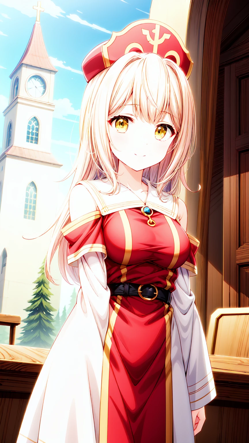 best quality, (masterpiece:1.2), detailed, anime coloring,
lumachina isekaimaou,
light blush, smile, closed mouth,
platinum blonde hair, long hair, yellow eyes,
red headwear, nun dress, detached sleeves,
standing, from angle, looking at the viewer,
church