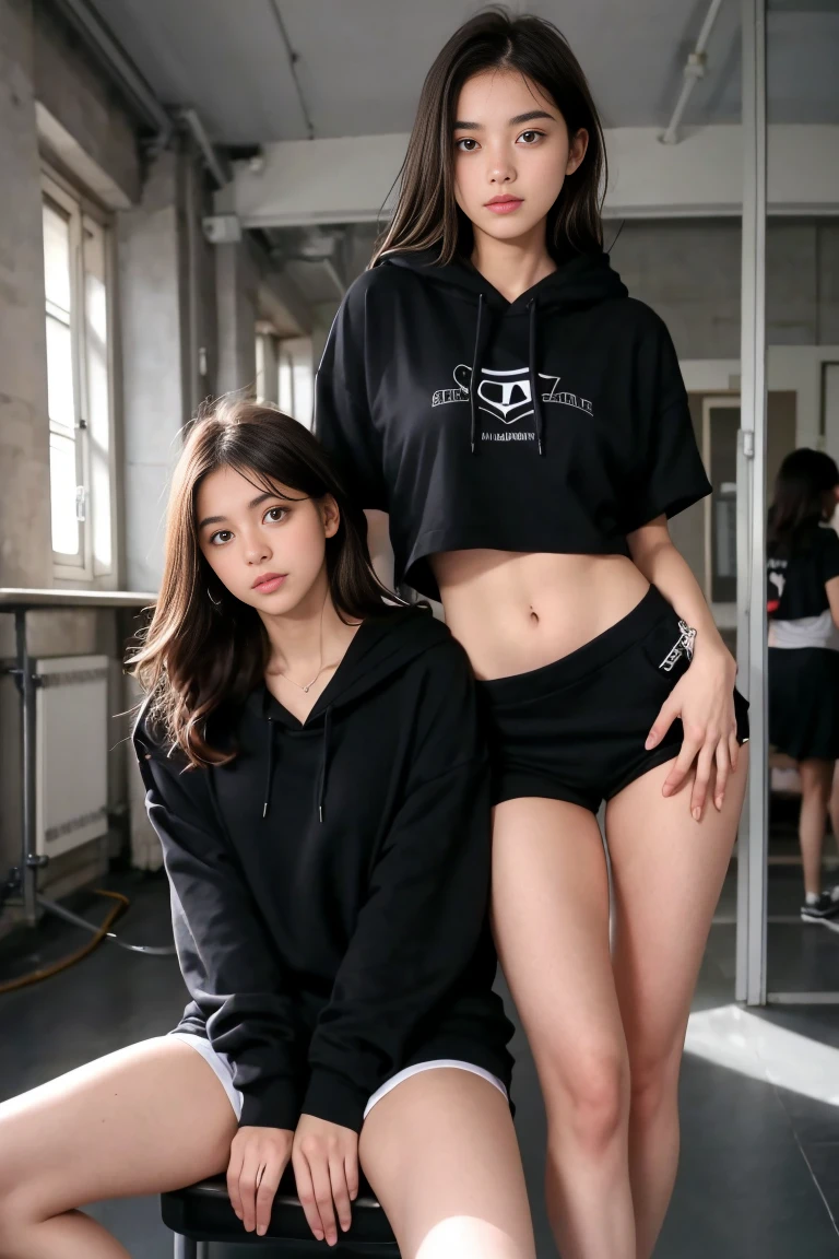 deux femmes ensemble de 18 ans sexy et mince , black short sleeve hoodie , salle de classe, se touche,position sey,sensuel
