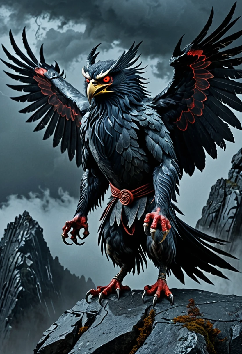 prompt": "A terrifying and eerie image of a Japanese yokai, Karasu Tengu. The Karasu Tengu has a dark, ominous aura, with black feathers covering its body and large, menacing wings. Its face is a combination of a crow and a demon, with sharp beak and glowing red eyes that pierce through the darkness. It stands on a rugged mountain cliff under a stormy night sky, surrounded by swirling mists and flashes of lightning. The Karasu Tengu's posture is aggressive, ready to attack, with its talons gripping the edge of the cliff. The scene should evoke a sense of dread and unease.