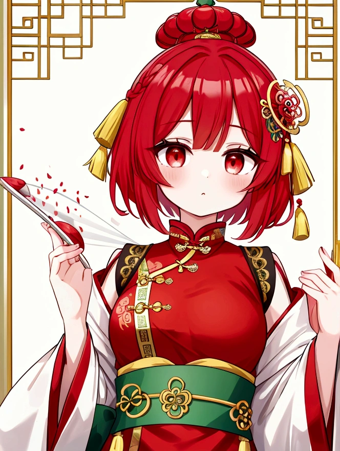 She has a melon hair ornament on her head.、Show your whole body and shine,wallpaper,Red hair short cut、Chinese clothing、Luxury Palace、One girl