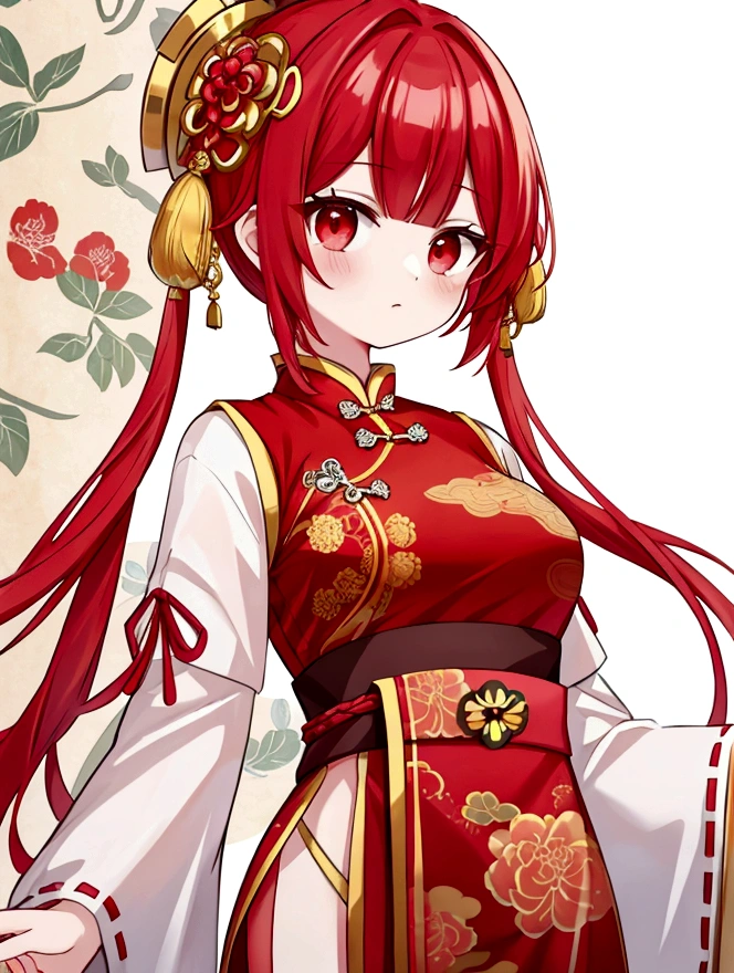 She has a melon hair ornament on her head.、Show your whole body and shine,wallpaper,Red hair short cut、Chinese clothing、Luxury Palace、One girl