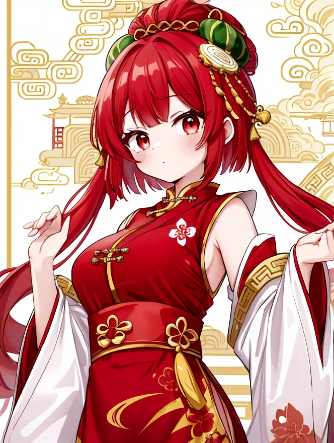 She has a melon hair ornament on her head.、Show your whole body and shine,wallpaper,Red hair short cut、Chinese clothing、Luxury Palace、One girl