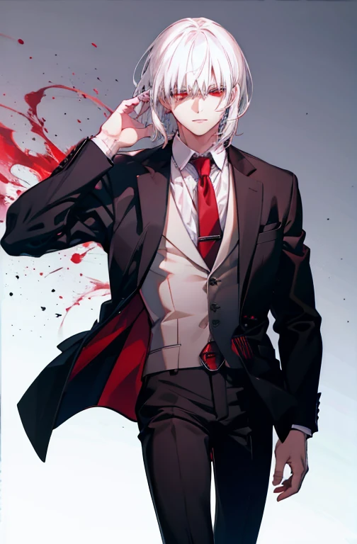 White hair, red eyes, handsome man in suit