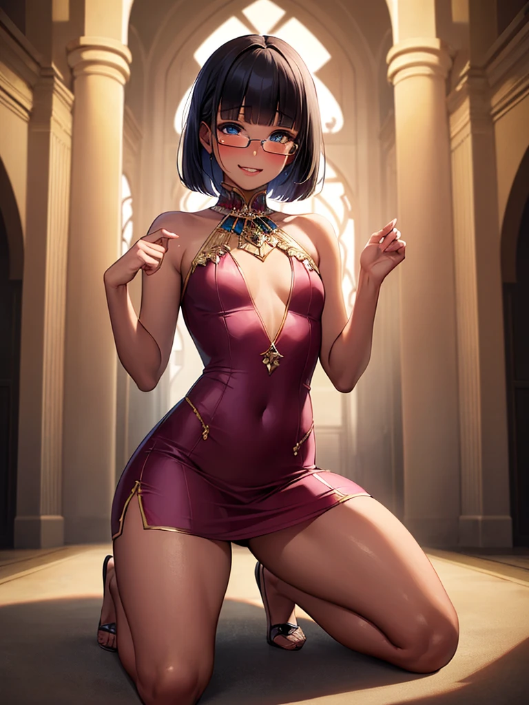 (1 girl 20 years old solo:1.4),(flat chest),(dark skin), (masterpiece:1.2), highest quality, High resolution, unity 8k wallpaper, (fine and beautiful eyes:1.6), highly detailed face, perfect lighting, Detailed CG, (perfect hands, perfect anatomy), detailed eyes, best quality, extremely detailed, very precise detailed,(glasses:1.4), (blunt bangs:1.3),(arabian clothes:1.5), (very short pixie cut:1.2), (evil smile),(blush),(kneeling:1.3),midrrif